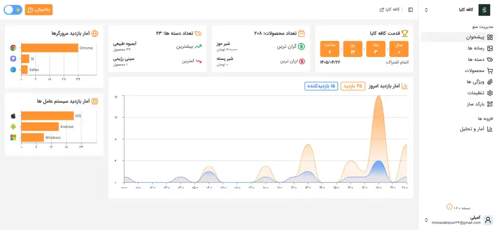 تصویر روشن صفحه پیشخوان پنل مدیریت منوی دیجیتال